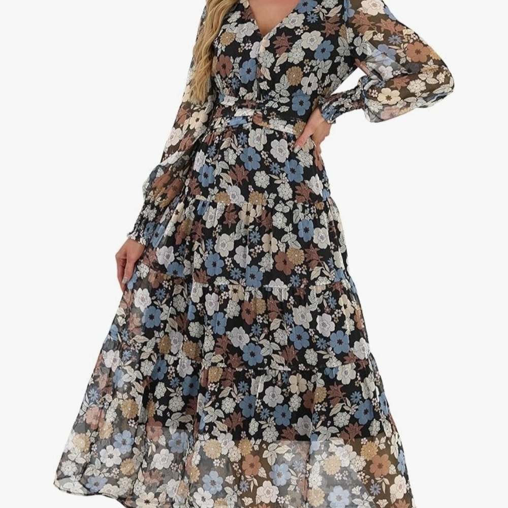 Floral Long Sleeve V-Neck Maxi Dress - Black Multi